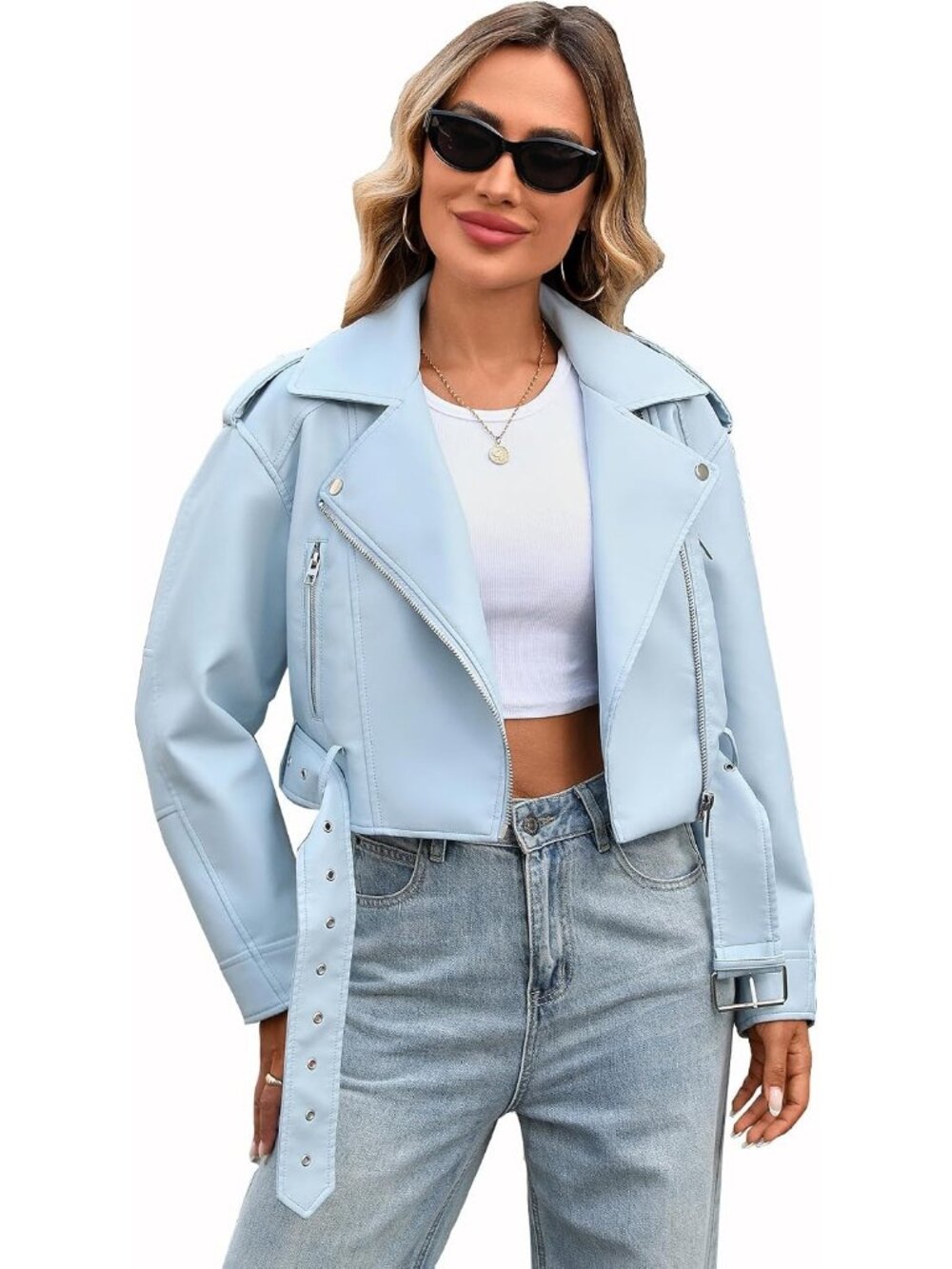 Women's Blue Faux Leather Cropped Jacket Vegan Motor Biker Coat with Belt